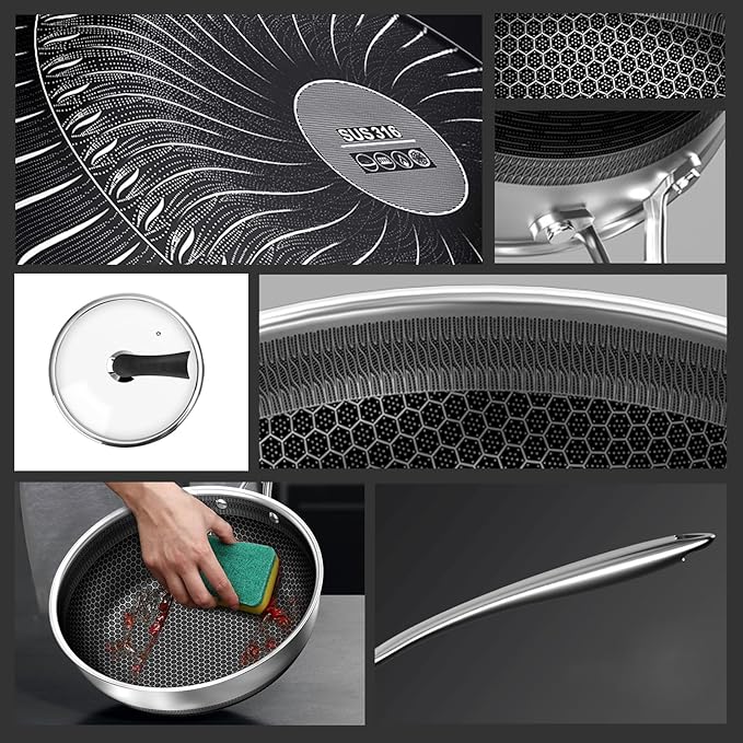 14" Honeycomb Non Stick Wok Pan Stainless Steel Stir-fry Wok with Lid,Skillet with Stay-cool Handle PFOA Free Suitable for Induction, Ceramic, Electric, and Gas Cooktops (Sliver, 14 Inches)