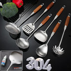 18/10 Stainless Steel Kitchen Utensils Set with Wooden Handle, 6 PCS Professional Cooking Utensils Set 15”, Wok Spatula, Ladle, Skimmer, Slotted Spatula Turner, Spaghetti Spoon, Large Spoon