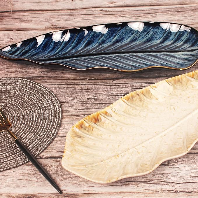Ceramic Platter Olives Plate Set of 2, Large Serving Trays Salad, Appetizer, Cheese, charcuterie, Biscuits and snacks, Plate for Entertaining, Dishwasher Microwave Safe, Royal blue 17 Inch