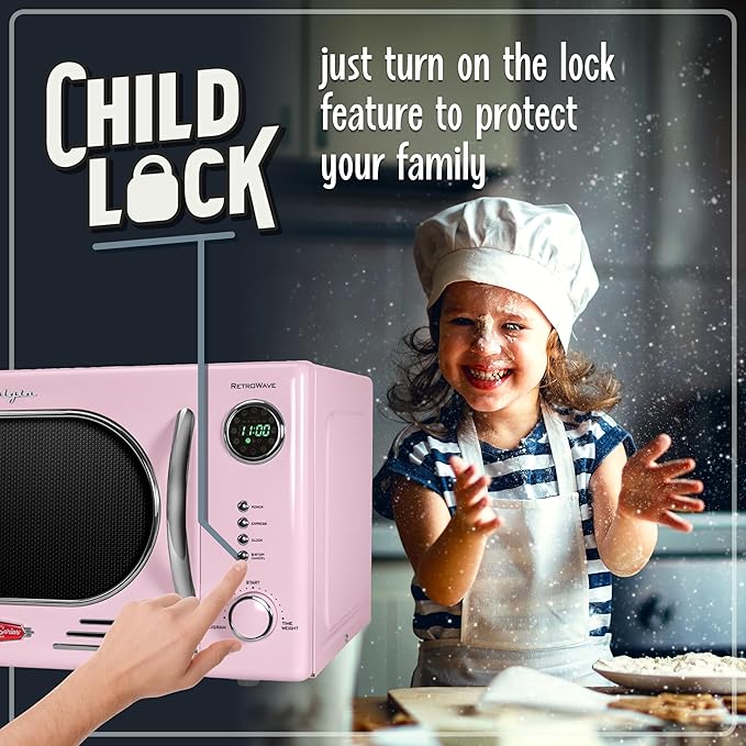 Nostalgia NRMO11PK6A 1000 Watt Power Retro Countertop Microwave Oven Easy to Clean with Removable Glass Turntable-Child Safety Lock-12 Programs-Digital Clock, 1.1 Cu. Ft, Pink
