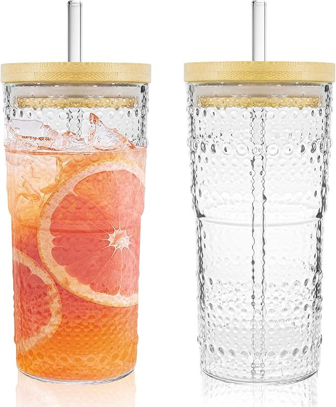 2 Pack 20oz Hobnail Drinking Glasses with Bamboo Lids and Glass Straw,High Borosilicate Glass Tumbler Cup Reusable Wide Mouth Smoothie Cups,Beer, Iced Coffee Glasses, Soda