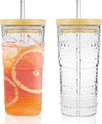 2 Pack 20oz Hobnail Drinking Glasses with Bamboo Lids and Glass Straw,High Borosilicate Glass Tumbler Cup Reusable Wide Mouth Smoothie Cups,Beer, Iced Coffee Glasses, Soda