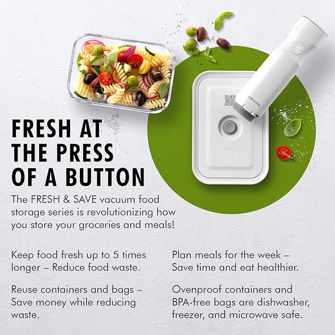 ZWILLING Fresh & Save Vacuum Sealer Machine Starter Set with Airtight Food Storage Container Glass, Sous Vide Bags, Meal Prep