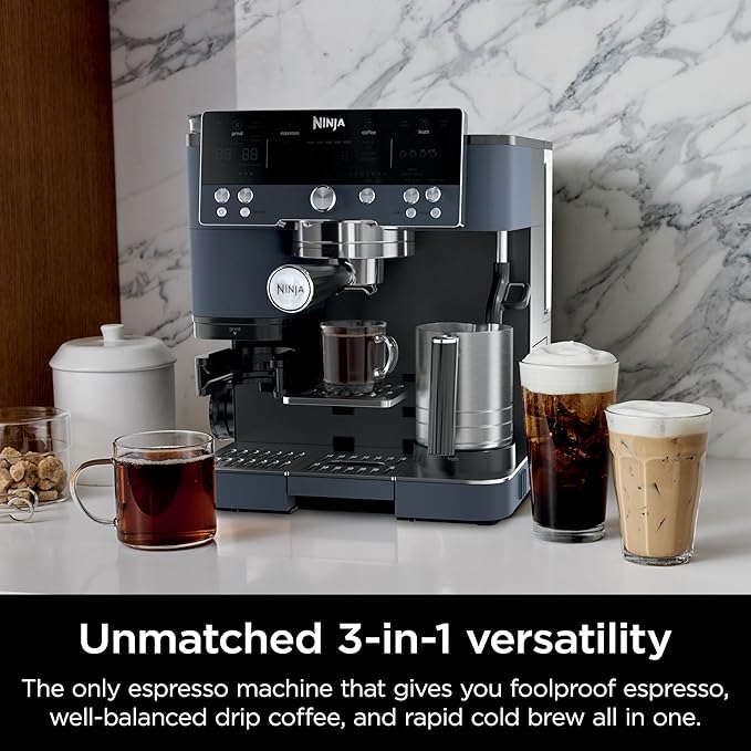 Ninja Luxe Café Premier Series, Espresso Machine, Drip Coffee Maker & Rapid Cold Brew, Integrated Grinder, Assisted Tamper, Hands-Free Frother, for Cappuccinos & Lattes, Cyberspace, ES601CY