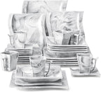 MALACASA Plates and Bowls Sets, 30 Piece Porcelain Dinnerware Sets for 6, Square Dinnerware Set with Dinner Plate, Dessert Plate, Soup Plate, Cup and Saucer, Modern Dish Set, Marble Grey, Series Flora