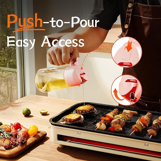 TrendPlain 16oz/470ml Glass Olive Oil Sprayer for Cooking - 2 in 1 Olive Oil Dispenser for Kitchen Gadgets, Air Fryer, Salad, and BBQ - Peach