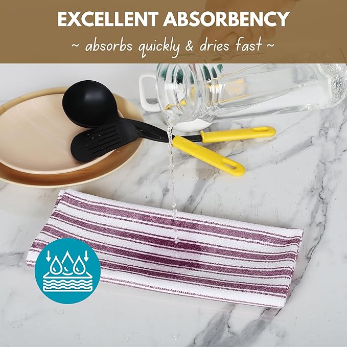 Native Fab Kitchen Dish Towels 16x26 inches - Set of 12 - Basket Weave 100% Cotton Striped Tea Towels, Wash Cloths for Drying Dishes, Absorbent Hand Towels with Hanging Loop - Burgundy