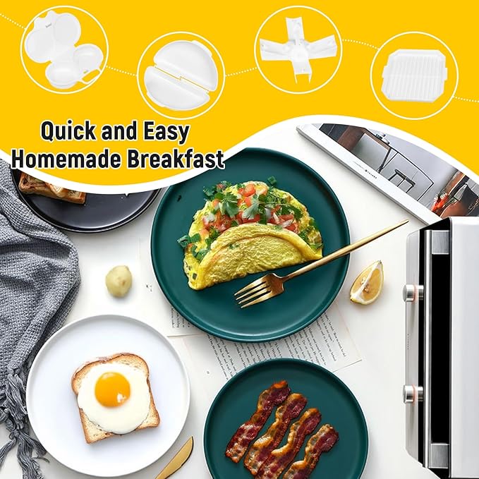 (4pcs) Easy Breakfast Set, Microwave Egg Cooker/Poacher, Microwave Omelet Maker, Microwavable Bacon Grill/Rack/Cooker Tray/Dish, Baked Potato Cooker, Easy To Use and Non-Stick Egg Cookwarez