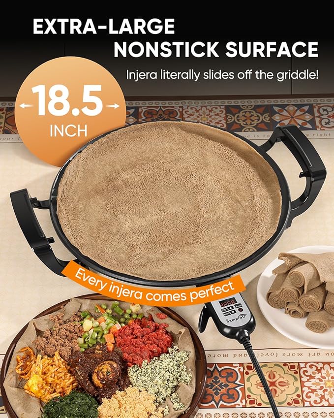 18.5" Ethiopian Injera Maker Mitad (Mogogo) Electric Griddle Adjustable Temperature & Time, Non-Stick Surface, Even Heating, Maker Norwegian Lefse, Swedish Pancake, Indian Dosa & Flatbreads