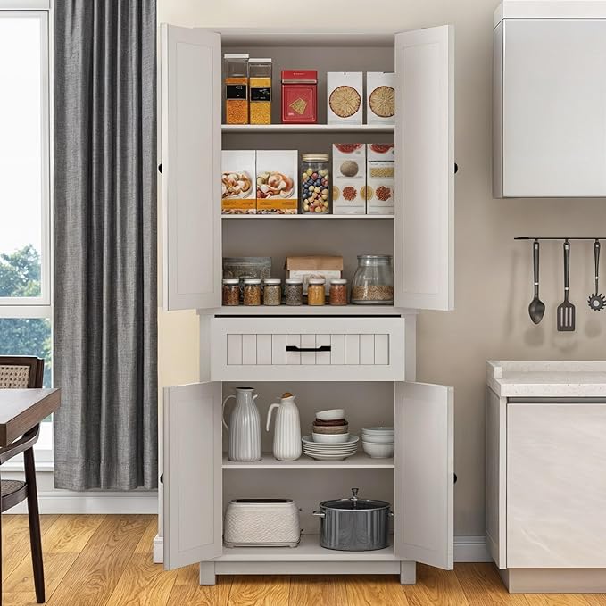 YITAHOME 72.6" H Farmhouse Kitchen Pantry Cabinet, Freestanding Tall Storage Cabinet with 4 Doors, Drawer and Adjustable Shelves, Tall Cupboard for Dining Room, Living Room, White Oak