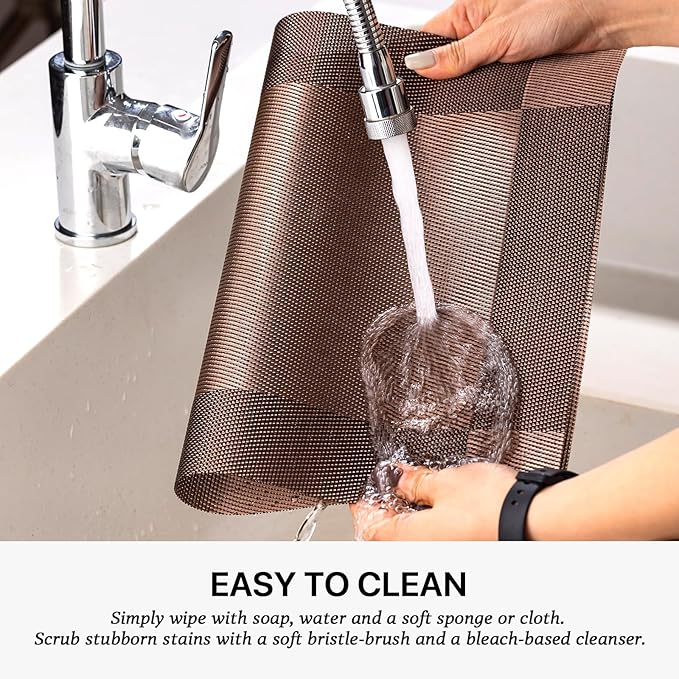 LEXMORE PVC Woven Placemats 6 PCS Wipeable Indoor/Outdoor Table Mats Washable Vinyl Place Mats for Dining Table, Set of 6-Brown Cube