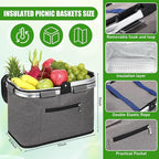 35L Large Insulated Picnic Basket with Blankets Kit Shopping Basket Cooler Bag Leakproof Collapsible Portable Suitable for Picnic Camping Work Hiking Food Delivery Gifts (Grey)