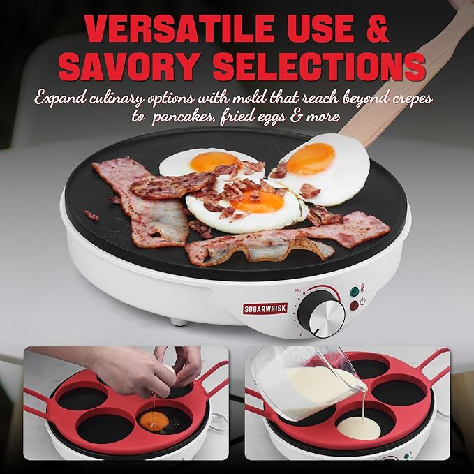 Crepe Maker Electric, Crepe Pan 12 Inch with 5 X 4” Silicone Molds, Pancake Maker Machine for Pancakes & Tortilla & Fried Eggs, Batter Spreader & Spatula Included, White