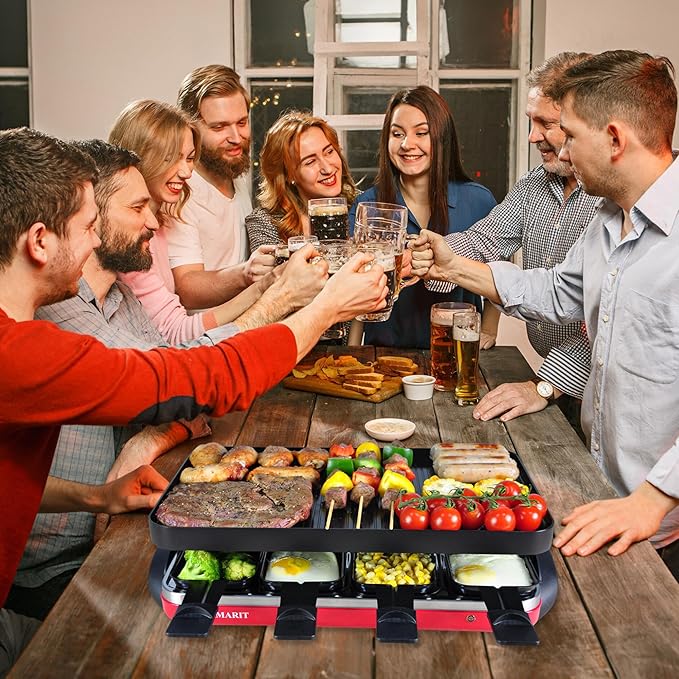 TAMARIT Classic 8 Person Raclette Grill 1500W Electric Tabletop Grill with Reversible Plate, 8 Non-Stick Raclette Trays & Spatulas Indoor Portable Korean BBQ Barbecue Grill, Party Grill Red