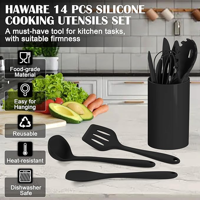 HaWare Kitchen Utensils, 14 PCS Silicone Cooking Utensils Set, Heat Resistant Kitchen Utensils for Non-stick Cookware, Kitchen Gadgets Tools with Spoons, Spatulas, Whisk, Dishwasher Safe (Black)