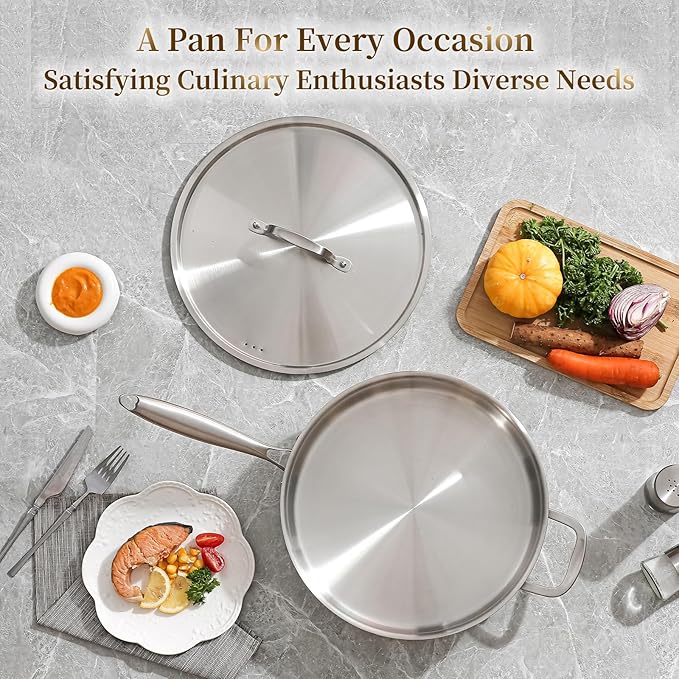 DELARLO 7QT Saute Pan Jumbo Cooker Tri-Ply Stainless Steel Pan, 12Inch Deep Frying Pan with Steel cover, Kitchen Large Skillet,Heavy Duty Style Compatible With All Cooktops Up to 650℉