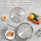 DELARLO 6QT Saute Pan Tri-Ply Stainless Steel Pan, 12Inch Deep Frying Pan with Steel cover, Kitchen Large Skillet,Heavy Duty Style Compatible With All Cooktops Up to 650℉