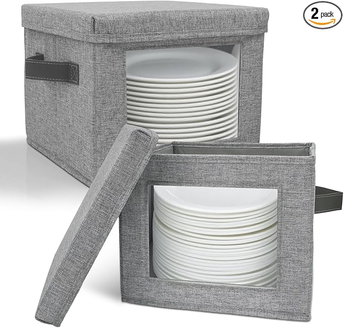 HOMELUX THEORY Plate Storage Box, 2pc 12"x8" Light Gray Hard Shell China Storage Containers, Kitchen Storage Bins With Lids, Heavy Duty Moving Box with Handles for Dishes, Dinner Plate & Dinnerware