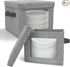 HOMELUX THEORY Plate Storage Box, 2pc 12"x8" Light Gray Hard Shell China Storage Containers, Kitchen Storage Bins With Lids, Heavy Duty Moving Box with Handles for Dishes, Dinner Plate & Dinnerware