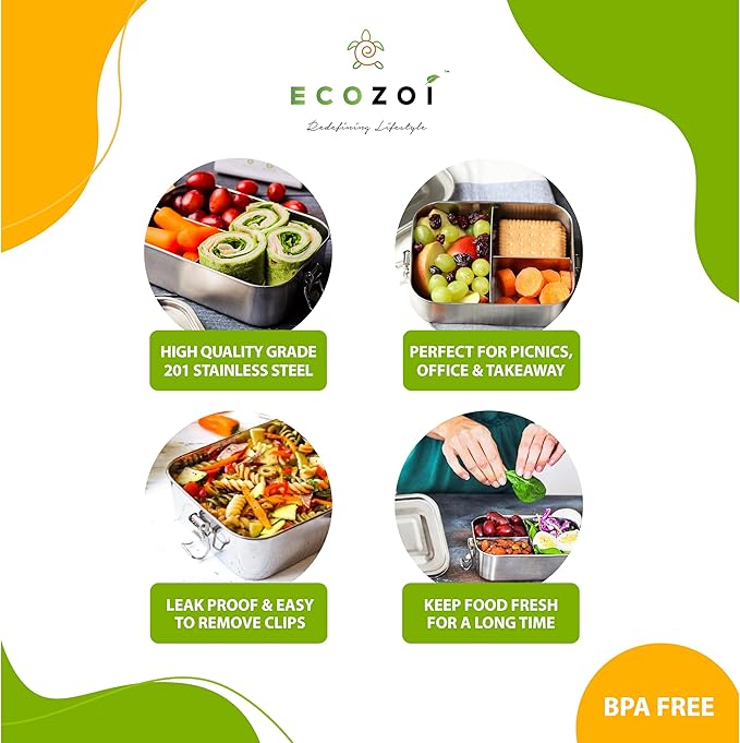 Stainless Steel Lunch Box, Leak Proof Metal Bento Box with 3 Compartments, 24 Oz Bento Box, BPA Free Meal Prep Food Container | Bonus 50 ml Sauce Container