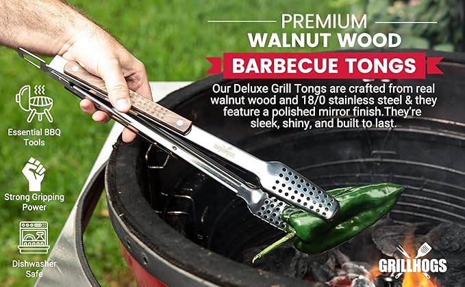 16-Inch Barbecue Tongs, Stainless Steel + Walnut Wood, Premium Grill Tongs, 1 Pair