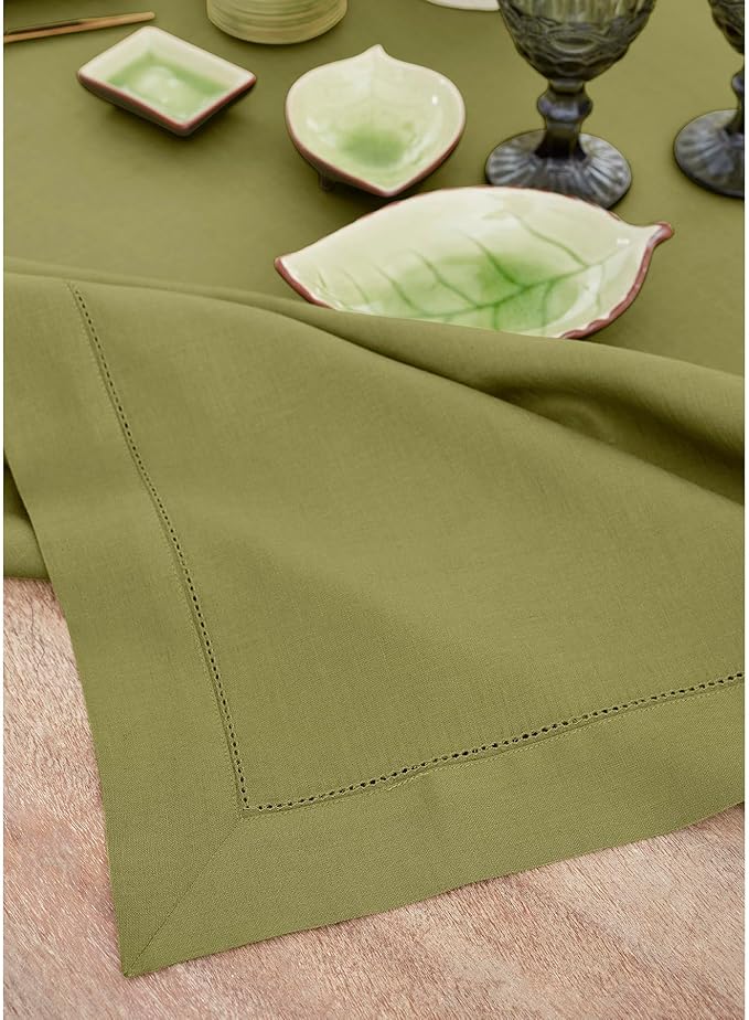 Solino Home Linen Tablecloth 60 x 90 Inch - Classic Hemstitch 100% Pure Linen Avocado Green Table Cloth for Rectangle Tables - Machine Washable Tablecloth for Summer, Fall, Autumn