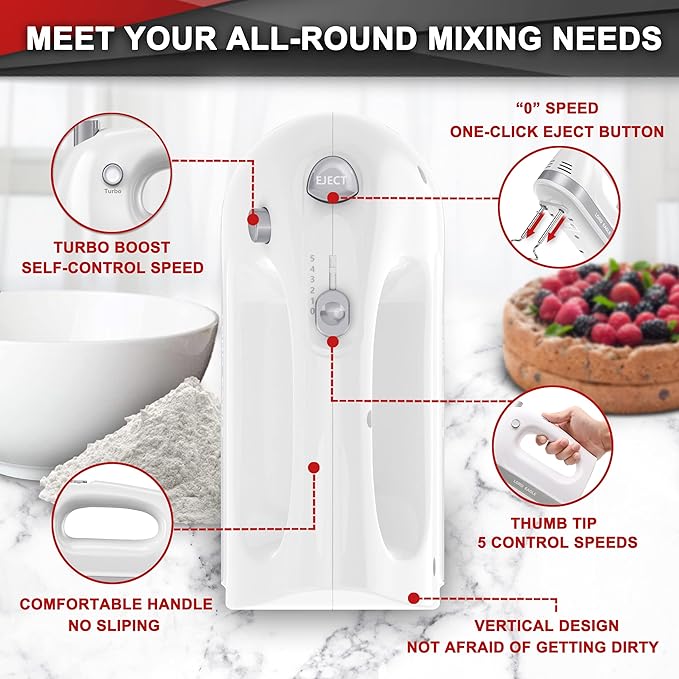 Lord Eagle Hand Mixer Electric 400W, 5 Speed handheld Mixer, 5 Stainless Steel Accessories for Baking Cake Egg Cream Food Beater, Turbo Boost/Self-Control Speed + Eject Button