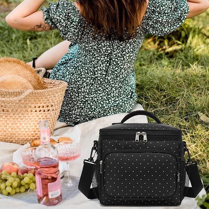 FlowFly Insulated Reusable Lunch Bag Adult Large Lunch Box for Women and Men with Adjustable Shoulder Strap,Front Zipper Pocket and Dual Large Mesh Side Pockets,Dot