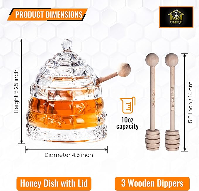 M&N HOME Honey Dish with 3 Dippers, Honey Jar, Large Glass Honey Pot storage with Lid and Inscribed Wooden Honey Dippers, Glass Honey Dispenser Thank You Gift,