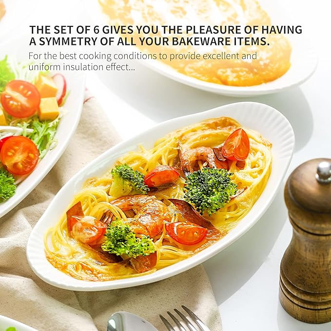 NJCharms Oval Au Gratin Baking Dishes for Oven Safe and Microwave Cooking, White Porcelain Small Mini Casserole Dish, 9 Inch, Set of 6