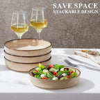 E-far Pasta Bowls Set of 4, 35oz Large Salad Bowls for Serving, Wide and Shallow Ceramic Plates for Kitchen, Double Reactive Glaze, Microwave and Dishwasher Safe, Sandy Beige