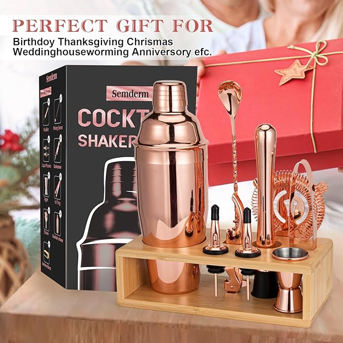 Cocktail Shaker Set, Mixology Bartender Kit 10-Piece Bar Tool Set with Stylish Bamboo Stand, Bar kit: Martini Shaker Mixing Spoon Muddler Jigger Corksrew for Barware Set | Rose