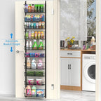 Over the Door Pantry Organizer, 10-Tier Over the Door Organizer with Adjustable Basket, Door Organization for Pantry Kitchen Storage Room Spice Rack, Black