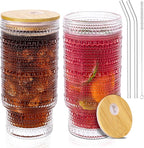 16 Oz Glass Cups with Lids and Straws, Vintage Embossed Glassware for Whiskey Cocktail Beer, Iced Coffee Cup with Lid, Glass Tumbler (2 PACK)