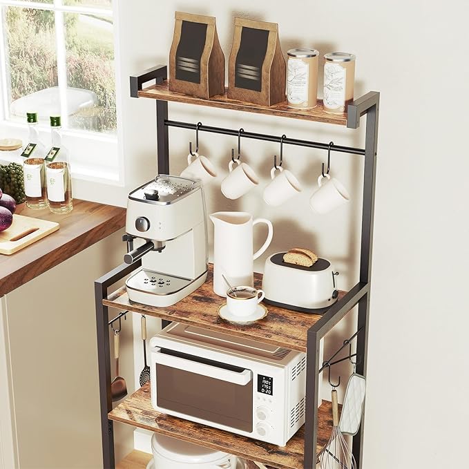 HOOBRO Kitchen Bakers Rack with Storage, 4 Tiers Coffee Bar Station, Microwave Stand with 8 S-Shaped Hooks, Kitchen Storage Shelf Rack for Small Spaces, Rustic Brown and Black BF04HB01