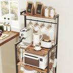 HOOBRO Kitchen Bakers Rack with Storage, 4 Tiers Coffee Bar Station, Microwave Stand with 8 S-Shaped Hooks, Kitchen Storage Shelf Rack for Small Spaces, Rustic Brown and Black BF04HB01