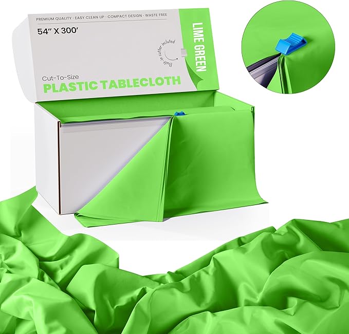 Exquisite Lime Green Plastic 54x300in Tablecloth Roll, Heavy Duty Disposable, Waterproof, Built-in Cutter, 36 Rectangle Table Covers, All-Season