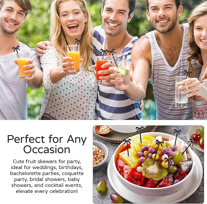 100Pcs Bow Cocktail Picks Party Toothpicks Christmas Black Plastic Fruit Skewers Bow Drink Stirrers Cupcake Toppers Fancy Toothpick for Appetizers Drinks Wedding Coquette Birthday Bow Party Decor