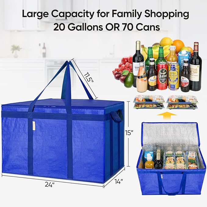 BALEINE 2Pk Insulated Reusable Grocery Bags, Collapsible Cooler Bag for Groceries, Heavy Duty Large Insulated Bag (24''x14''x15'', Midnight Blue)