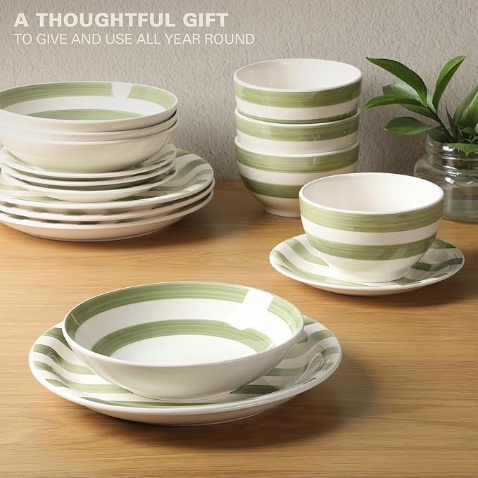 Gibson Home Kenwood Shores 16 Piece Dinnerware Set, Green Striped, Hand-Painted Stoneware, Plates and Bowls, Service for 4, Microwave & Dishwasher Safe