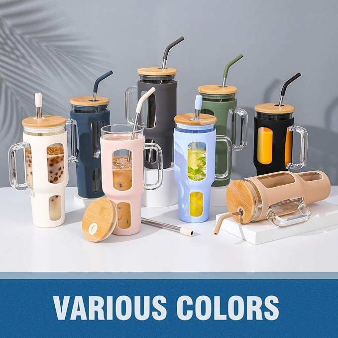 Glass Tumbler with Lid and Straw, 46 oz Iced Coffee Cup with Handle, Large Water Bottles with Silicone Sleeve, Glass Cup with Straws - Pearl Straw & Drinking Straw BPA Free-Blue