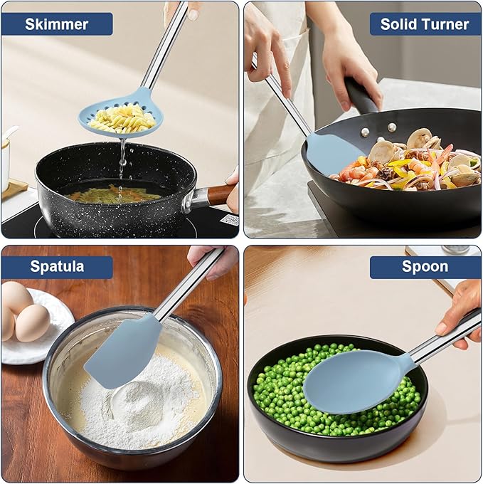 8PCS Kitchen Utensils Set, Vayvnt Heat Resistant Silicone Utensils Set for Cooking, Non Scratch Spatula Spoons for Non Stick Pan, Large Kitchen Cooking Tools, Metal Long Handle&Dishwasher Safe, Blue