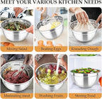 TeamFar Mixing Bowls, Stainless Steel Nesting Salad Bowls with Lids Set of 3 & 3 Grater Attachments, For Mixing/Serving/Storing, Non-toxic & Long-lasting, Size 4.6/3 / 1.5 QT, Khaki