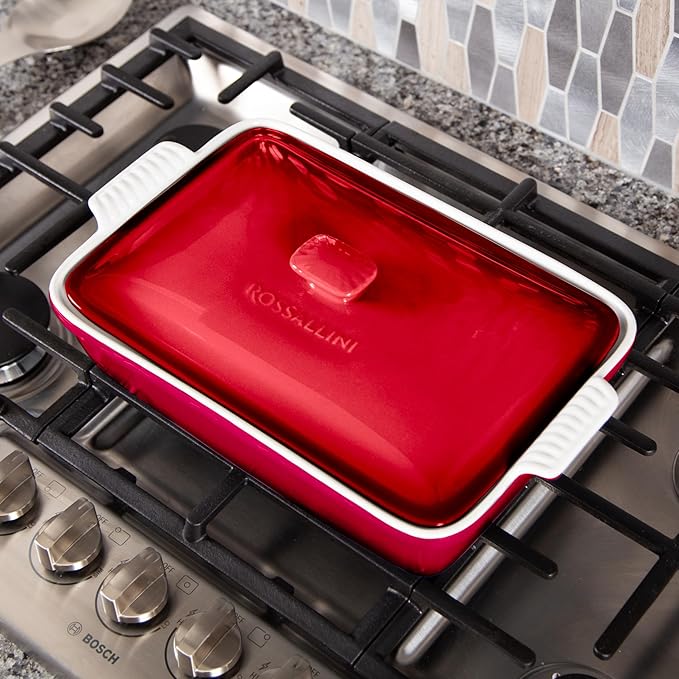 Stoneware Casserole Dish Bakeware Set with Lid, Covered Rectangular Dinnerware, Large 3.2 Quart, 11 by 9 Inch [Deep Red]