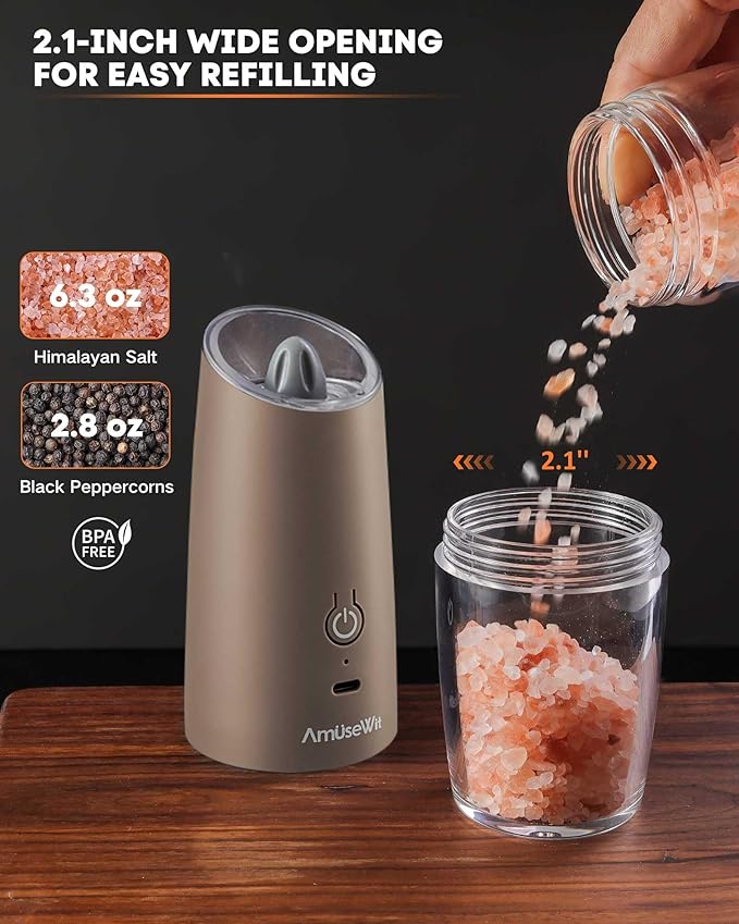 AmuseWit Gravity Electric Salt and Pepper Grinder Set [White Light] USB Rechargeable Automatic Pepper and Salt Mills,Adjustable Coarseness,One-Handed Operation,Greige