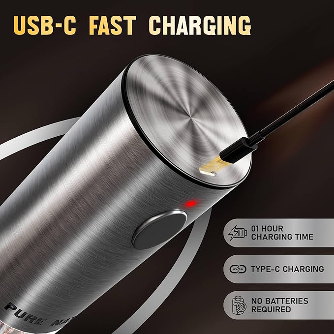 Pure Nature Electric Rechargeable Salt and Pepper Grinder Set with tray: Premium quality with upgraded larger capacity and LED Lights, 5 Adjustable Coarseness, Refillable, Type-C Fast Charging.