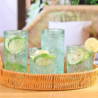 6 Pack Green Vintage Glassware Set, 10oz Textured Embossed Drinking Glasses, Colored Water Glasses, Green Glass Cups for Juice, Cocktails, Beer, Iced Tea, Soda