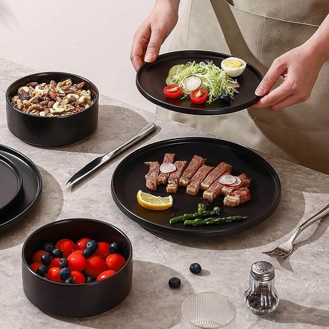 GZG Ceramic Cereal Bowls Set of 4,6 Inch Stoneware Soup Bowls,Dishwasher and Microwave Safe,Stackable,Scratch Resistant for Oatmeal,Fruit,Salads and Rice(Matte Black)