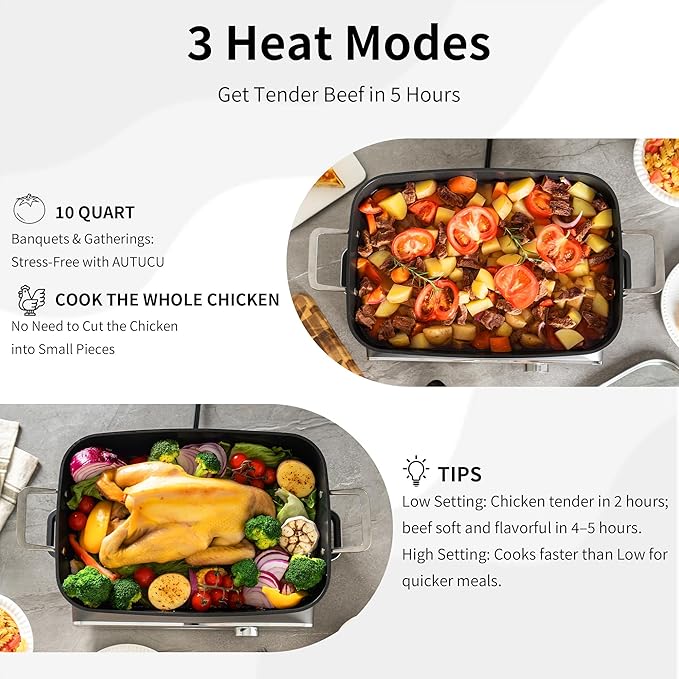 Slow Cooker 10-Quart - PFOA-Free Ceramic Coating, Oven Safe to 450°F | Keep Warm Function for Large Family Gatherings (Includes Silicone Spoon)