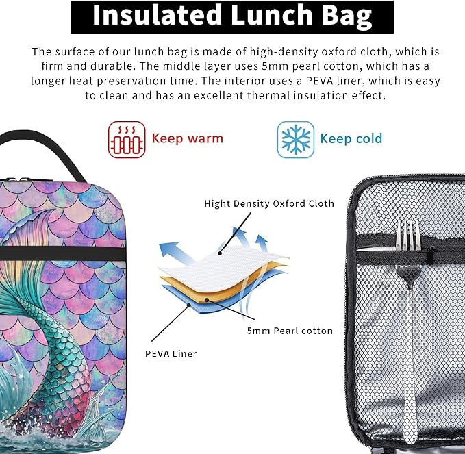 Mermaid Tail Scales Insulated Lunch Bag for Women & Men, Reusable Leak-Proof Lunch Box with Cooler Compartment, Lunch Tote for Adults Work Travel Picnic Durable & Washable
